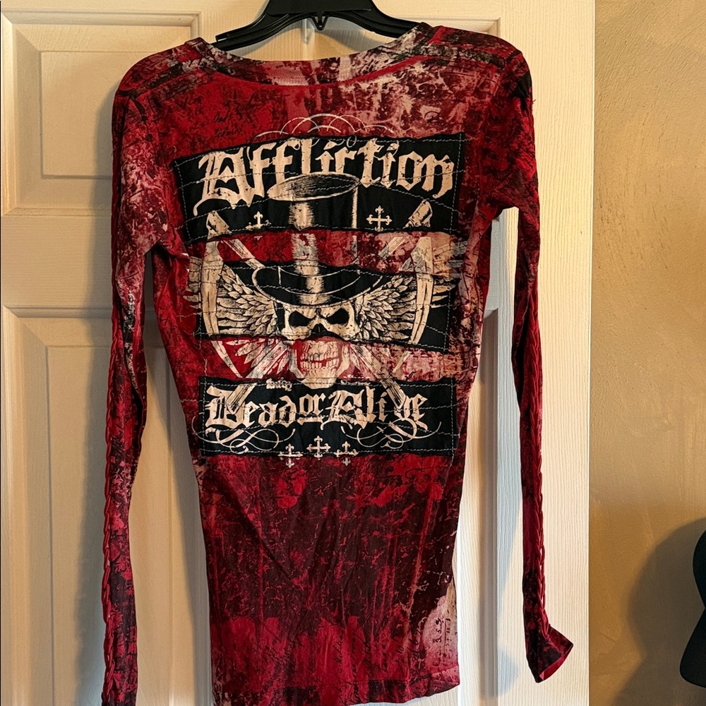 Affliction Red and Black Graphic Long Sleeve Shirt